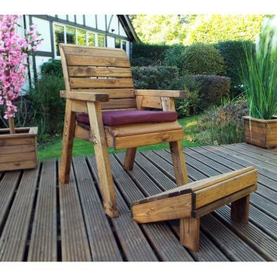 Garden Armchair And Footstool Scandinavian Redwood With Burgundy Cushions