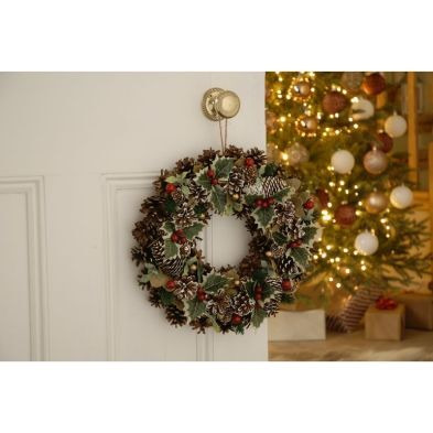 Wreath Christmas Decoration Green & Red with Pinecones & Berries Pattern - 36cm