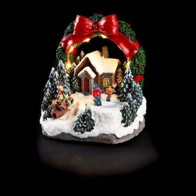 Turning Skaters Christmas Wreath Village Scene Decoration 8 LEDs