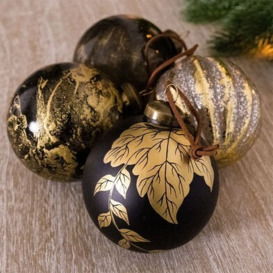 12 x Christmas Tree Baubles Decoration Black & Gold with Glitter Pattern - 8cm Industrial by Wensum