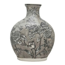Bottle Vase Ceramic Grey & White with Flower Pattern - 32cm