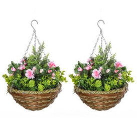 Outsunny Pack Of 2 Artificial Lisianthus Flowers Hanging Planter With Basket For Indoor Outdoor Decoration