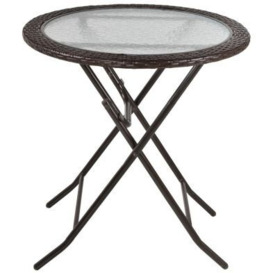 Outsunny Folding Round Tempered Glass Metal Table with Brown Rattan Edging