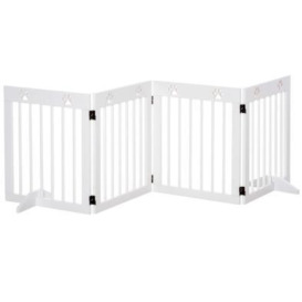 Pawhut Freestanding Pet Gate 4 Panel Wooden Dog Barrier Folding Safety Fence With Support Feet Up To 204cm Long 61cm Tall For Doorway Stairs White