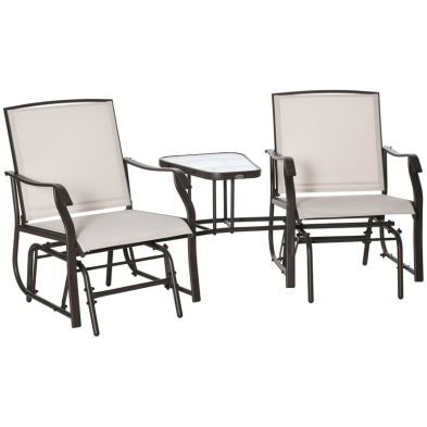 Outsunny Garden Double Glider Rocking Chairs Metal Gliding Love Seat with Middle Table Conversation Set Patio Backyard Relax Outdoor Furniture Beige
