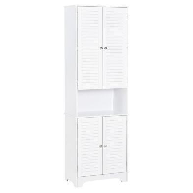 Homcom Tall Freestanding Bathroom Cabinet Retro Shutters W/ 3 Compartments Shelves Elevated Base Narrow Organiser White 60L X 30W X 182.5H cm
