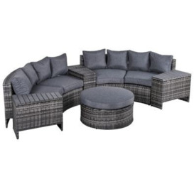 Outsunny 8 Pieces Outdoor PE Rattan Wicker Patio Sofa Set Half Round Conversation Sofa Furniture w/ 1 Umbrella Hole Side Table and 2 Storage Functional Side Tables Grey