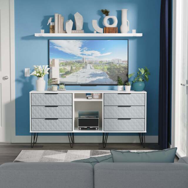 Harlequin Large Sideboard Teal & White 2 Shelves 6 Drawers 152cm