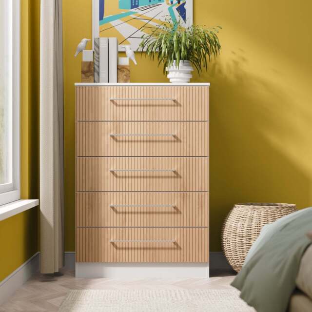 Worcester Tall Chest of Drawers White & Light Oak 5 Drawers 74cm