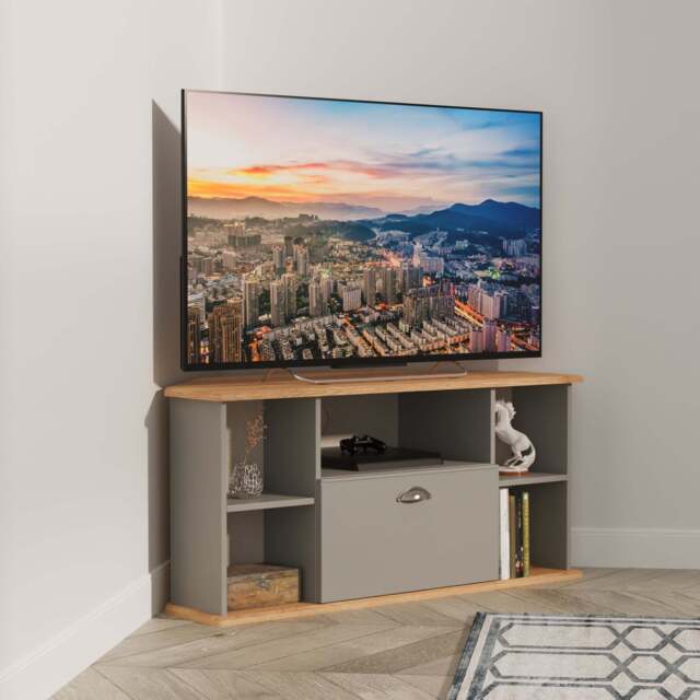 Victoria Corner Corner TV Unit Grey & Light Oak 5 Shelves 1 Drawer 112cm