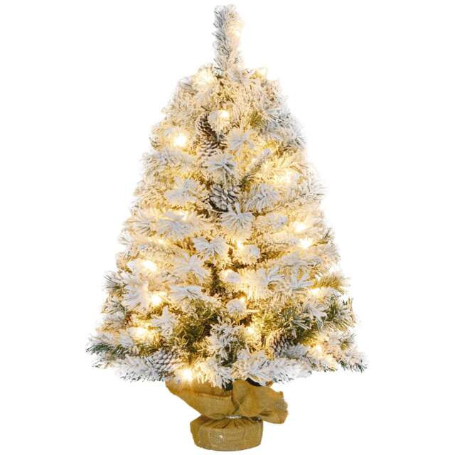 3ft Burlap Base Christmas Tree Artificial - White Frosted Green with LED Lights Warm White 133 Tips
