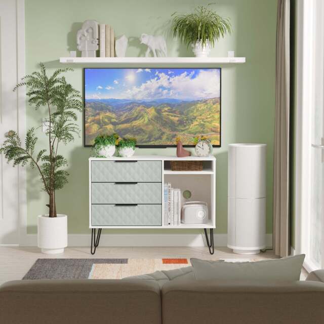 Harlequin TV Unit Teal & White 2 Shelves 3 Drawers 97cm
