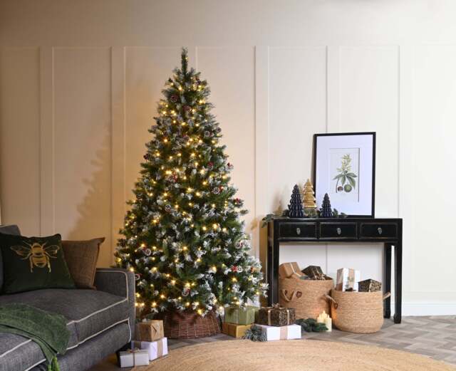 5ft Frostvale Pine Christmas Tree Artificial - White Frosted Green with LED Lights Warm White 530 Tips