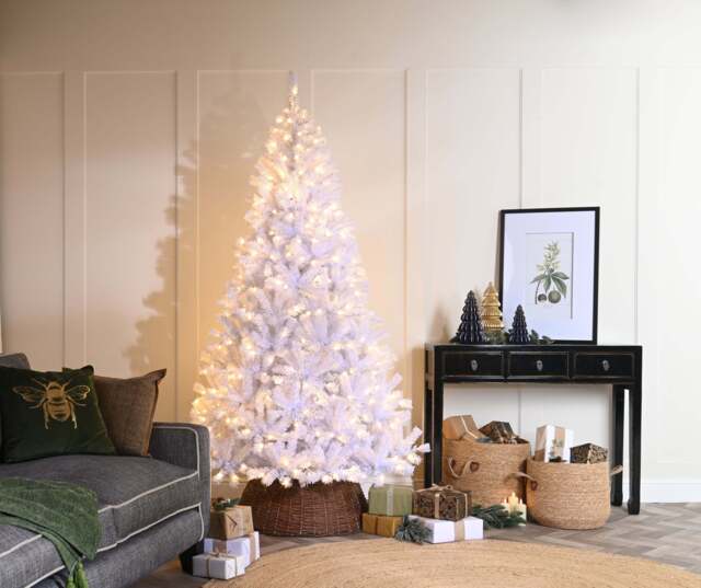 8ft Wentworth Fir Christmas Tree Artificial - White with LED Lights Warm White 1500 Tips