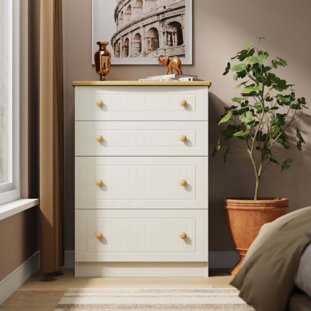 Warwick Tall Chest of Drawers Cream & Oak 4 Drawers 77cm