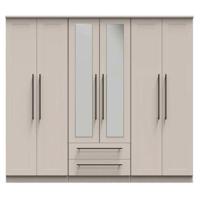 Beverley Tall Mirror Wardrobe Off-White 6 Doors 2 Shelves 2 Drawers 222cm