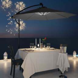 3m LED Patio Banana Umbrella Cantilever Parasol w/ Crank Cross Base Hanging Offset Umbrella Frame Steel Aluminium Garden Table Outdoor Black