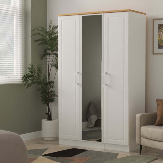 Kent Tall Mirror Wardrobe White & Oak 1 Shelf 182cm