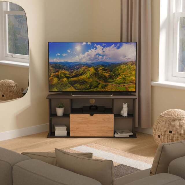 Bora Corner Corner TV Unit Gold & Dark Grey 4 Shelves 1 Drawer 110cm
