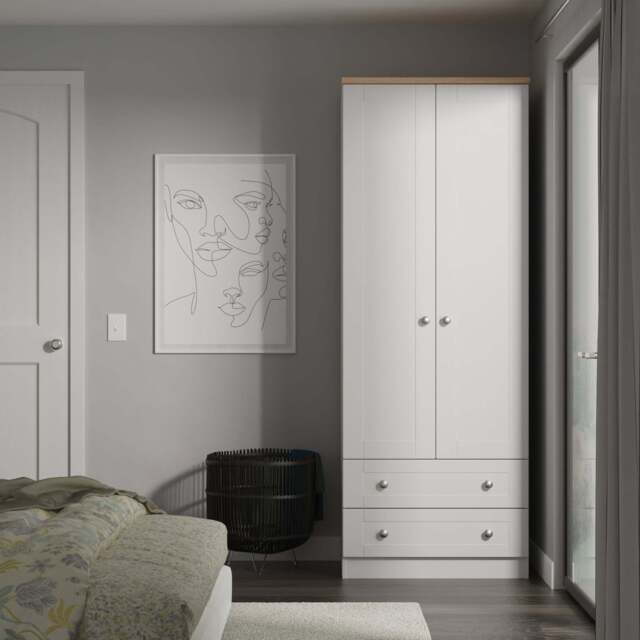 Sussex Tall Wardrobe Grey & Light Oak 2 Drawers 74cm