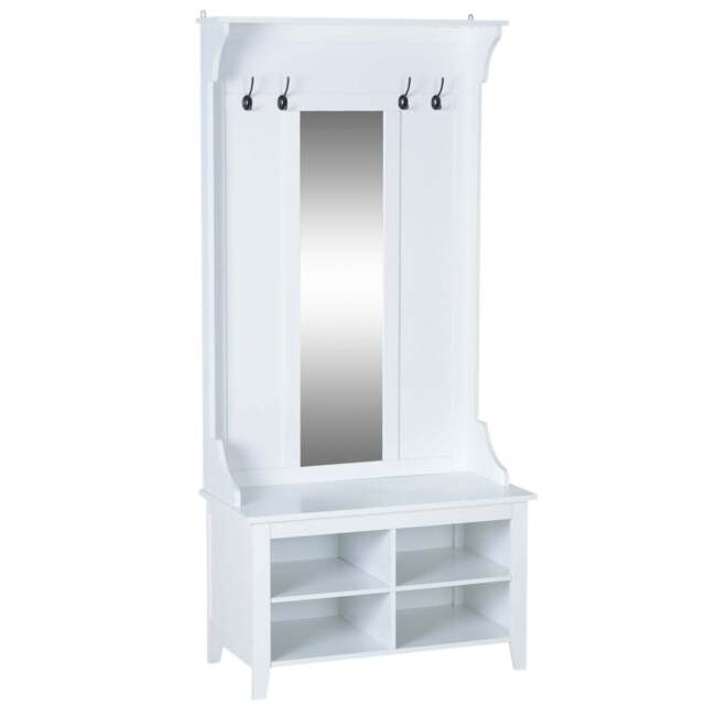 Hallway Furniture Set Shoe Bench Storage Mirror Cabinet Coat Rack Multiple Cubes Hangers Organiser Shelves w/ 4 Hooks