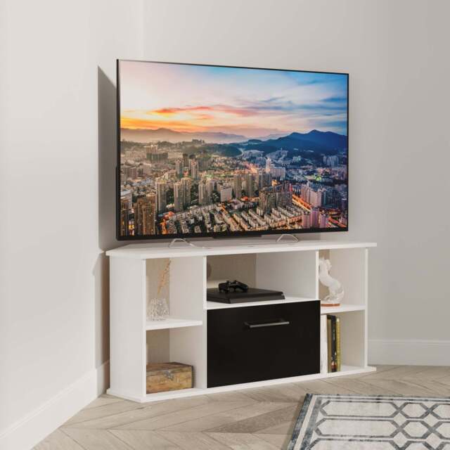 Worcester Corner Corner TV Unit Black & White 5 Shelves 1 Drawer 110cm