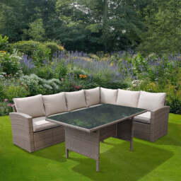 Contemporary Garden Corner Dining Set Steel and Rattan Grey Cream by Croft - 6 Seat