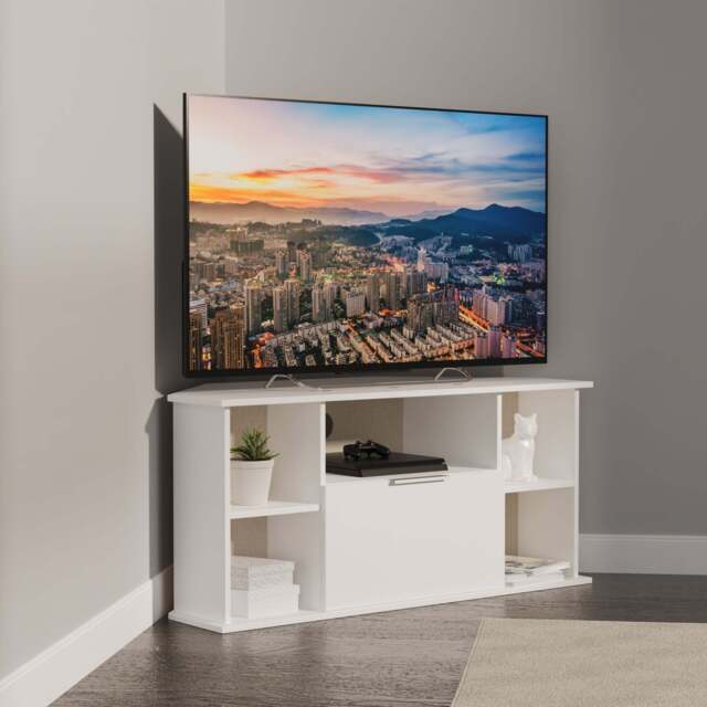 Plymouth Corner Corner TV Unit White 5 Shelves 1 Drawer 110cm