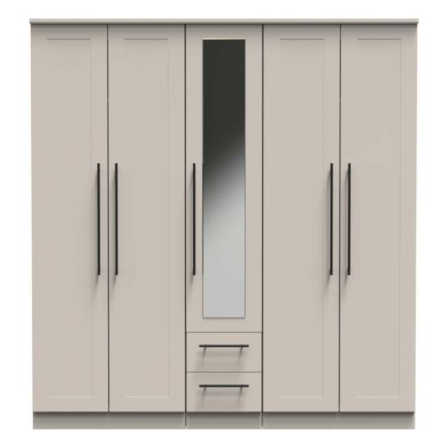 Beverley Tall Mirror Wardrobe Off-White 5 Doors 2 Shelves 2 Drawers 196cm