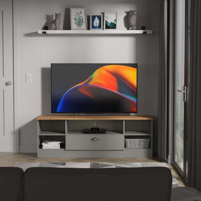 Victoria TV Unit Grey & Light Oak 5 Shelves 1 Drawer 42cm
