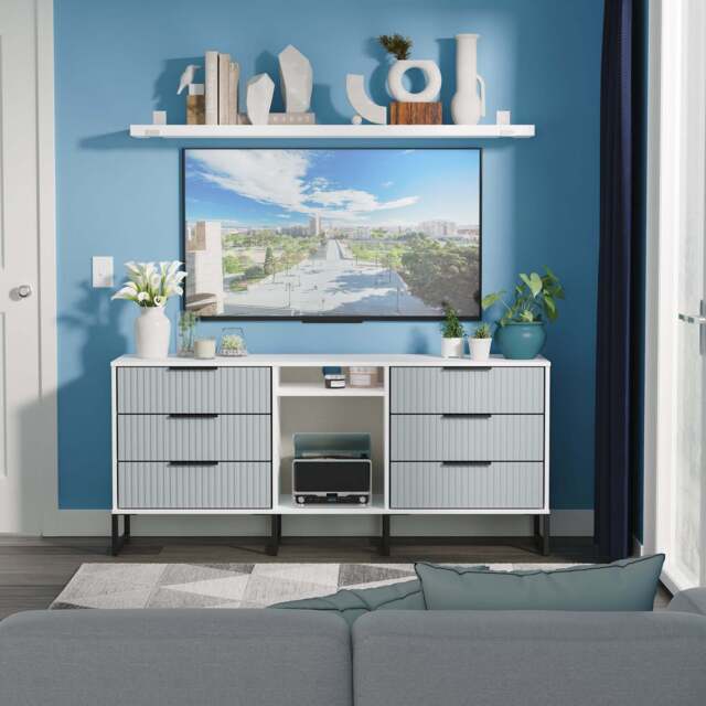 Fluted Large Sideboard Teal & White 2 Shelves 6 Drawers 152cm