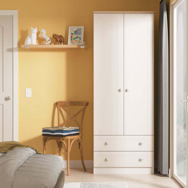 Sussex Tall Wardrobe Off-white & Light Oak 2 Drawers 74cm