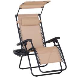 Zero Gravity Garden Deck Folding Chair Texteline Patio Sun Lounger Reclining Seat with Cup Holder & Canopy Shade - Beige
