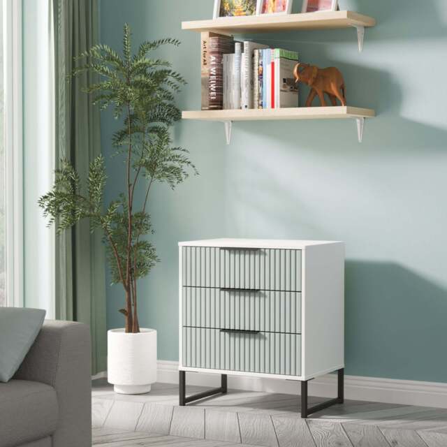 Fluted Chest of Drawers Teal & White 3 Drawers 76cm