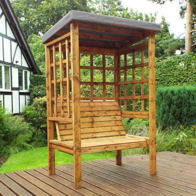 Scandinavian Redwood Garden Arbour by Charles Taylor - 2 Seats Grey Cushions