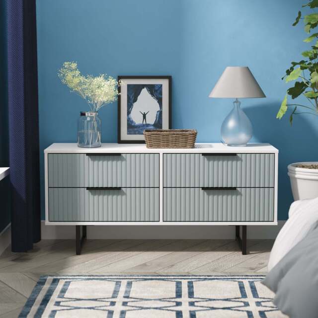 Fluted Large Chest of Drawers Teal & White 4 Drawers 115cm