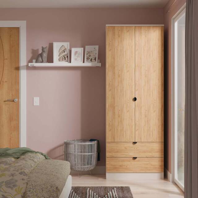 Bora Tall Wardrobe Oak & Off-White 2 Doors 2 Drawers 196cm