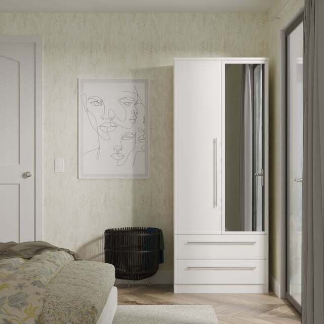 Sherwood Tall Mirror Wardrobe White 2 Doors 2 Drawers 74cm