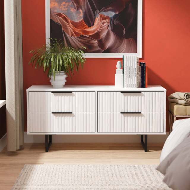 Fluted Large Chest of Drawers White 4 Drawers 115cm