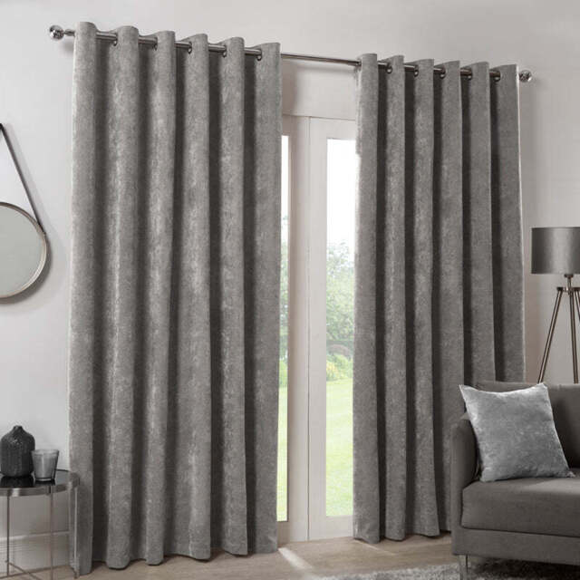 "Hamilton McBride Silver Italian Velvet Blackout Eyelet Curtains (66"" x 90"")"