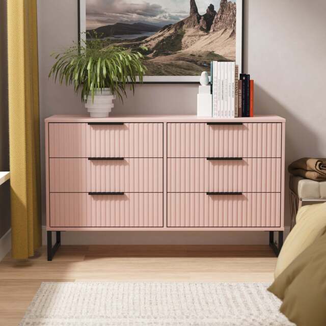 Fluted Large Chest of Drawers Pink 6 Drawers 115cm