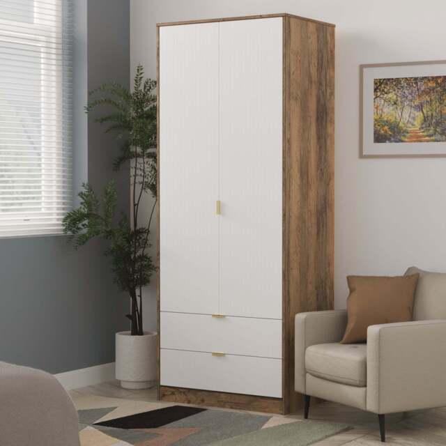 Nashville F Tall Wardrobe White & Vintage Oak 2 Doors 2 Drawers 77cm
