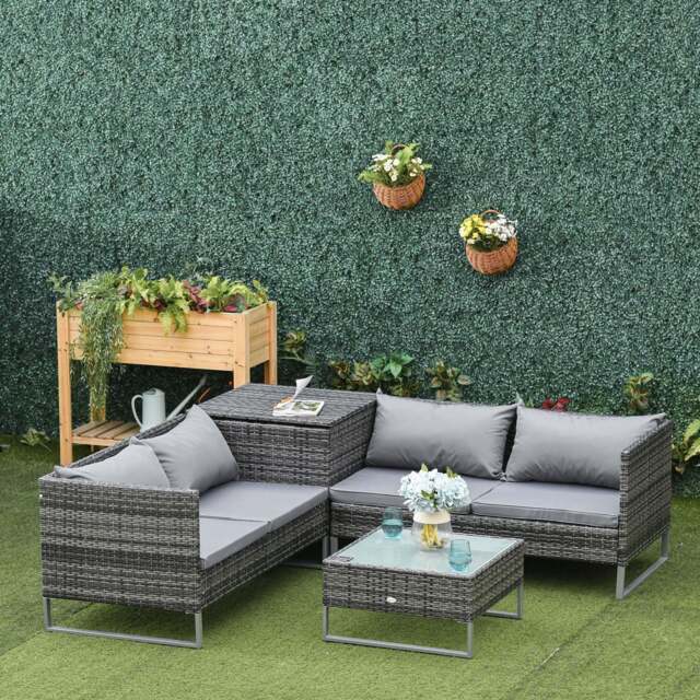 4-Piece Garden Rattan Wicker Outdoor Furniture Patio Corner Sofa Love Seat and Table Set with Cushions Side Desk Storage - Mixed Grey