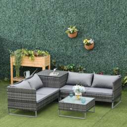 4-Piece Garden Rattan Wicker Outdoor Furniture Patio Corner Sofa Love Seat and Table Set with Cushions Side Desk Storage - Mixed Grey