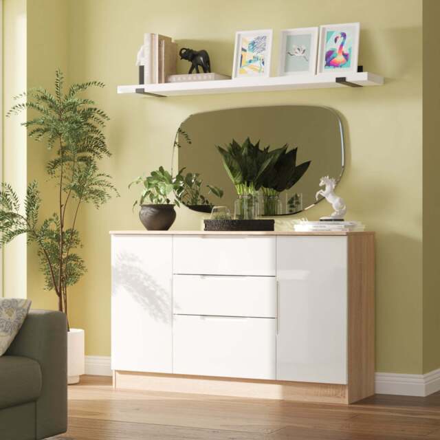 Milan Large Sideboard White & Oak 2 Doors 2 Shelves 3 Drawers 126cm