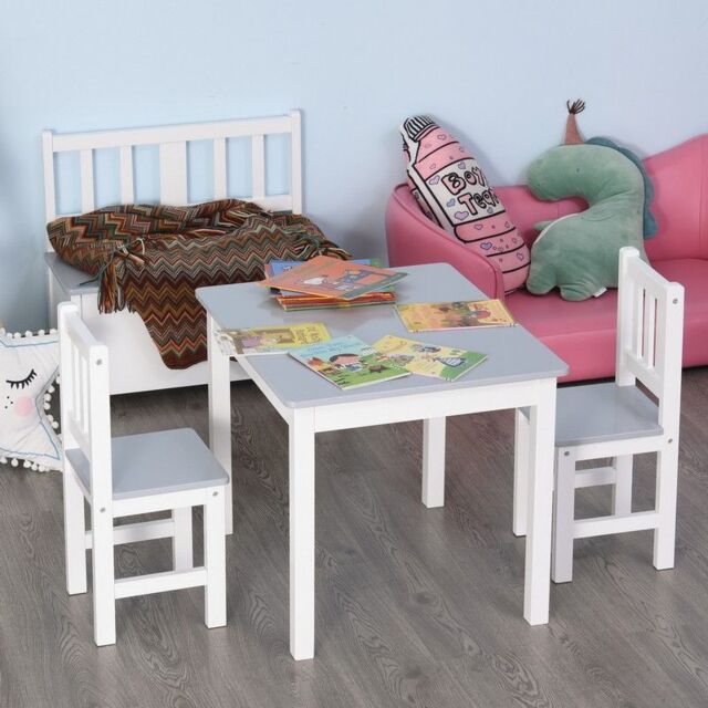 Homcom Kids Three-Piece Table and Chairs Set Grey & White