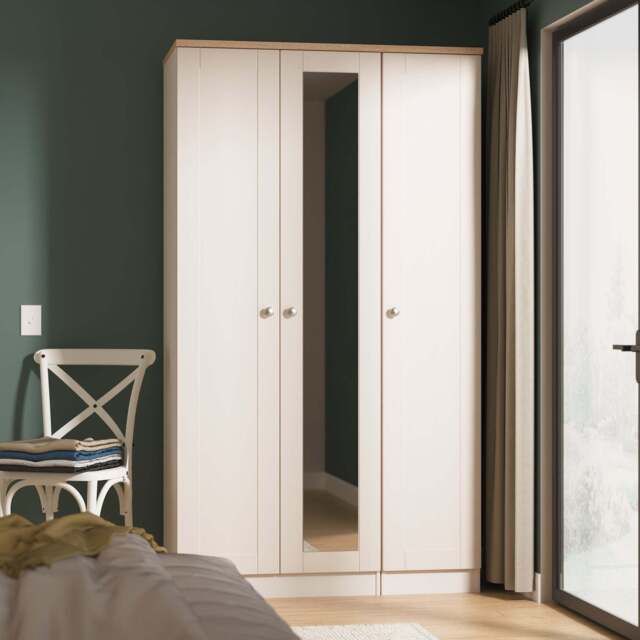 Sussex Tall Mirror Wardrobe Off-white & Light Oak 1 Shelf 111cm