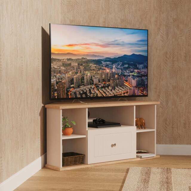 Vienna Corner Corner TV Unit Off-white & Light Oak 5 Shelves 1 Drawer 110cm