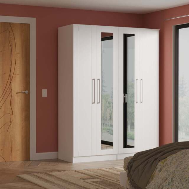 York Tall Mirror Wardrobe White 4 Doors 2 Shelves 148cm