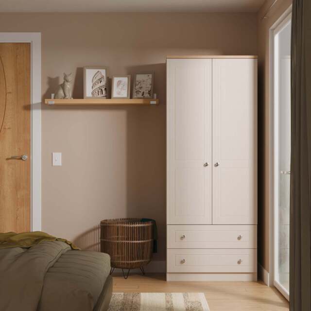 Vienna Tall Wardrobe Off-white & Light Oak 2 Doors 2 Drawers 74cm